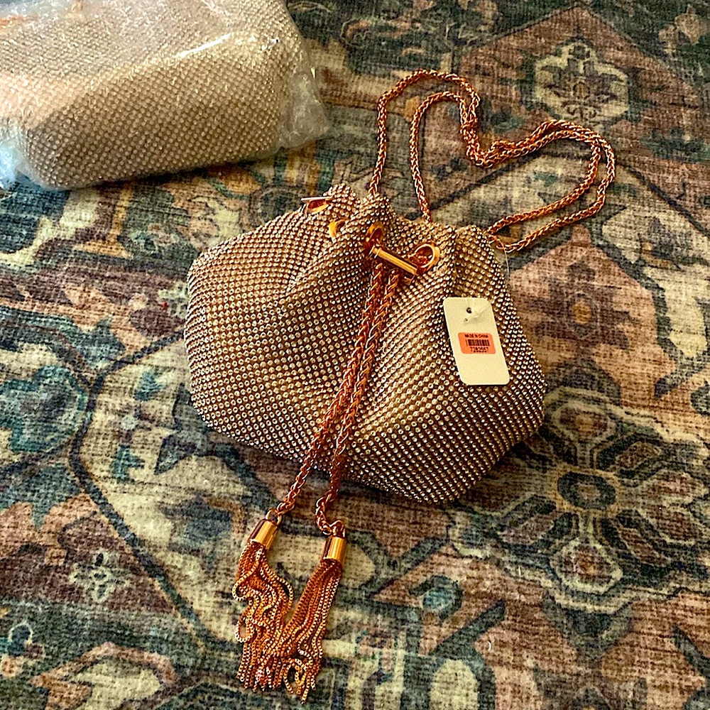 Crystal Rosé Clutch Bucket Bag, Rose Gold Stainless Steel Hardware & Tassel Lock